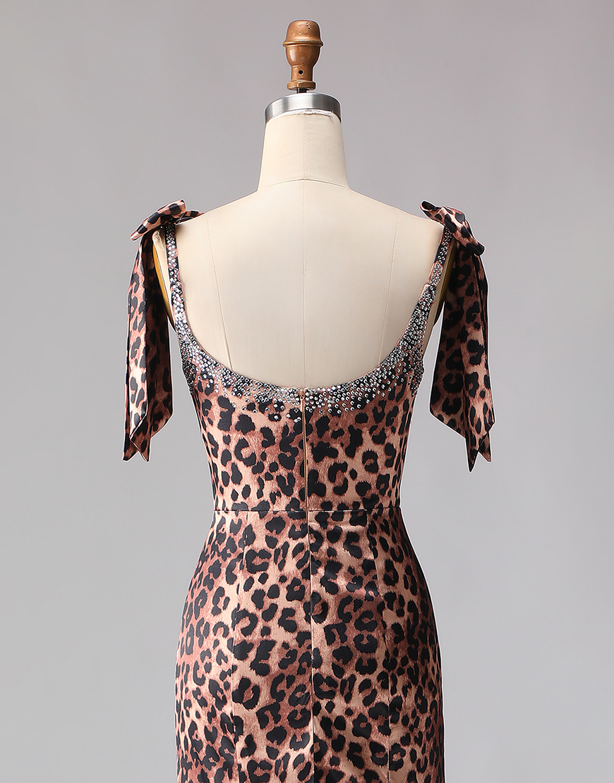 Sparkly Brown Leopard Beaded Print Long Prom Dress with Bows