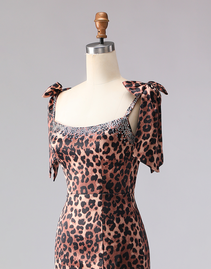 Sparkly Brown Leopard Beaded Print Long Prom Dress with Bows
