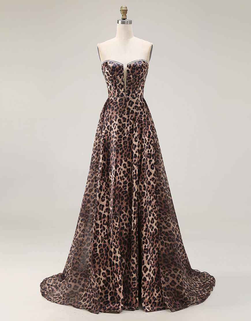 Brown Leopard Corset Print Strapless A Line Long Prom Dress