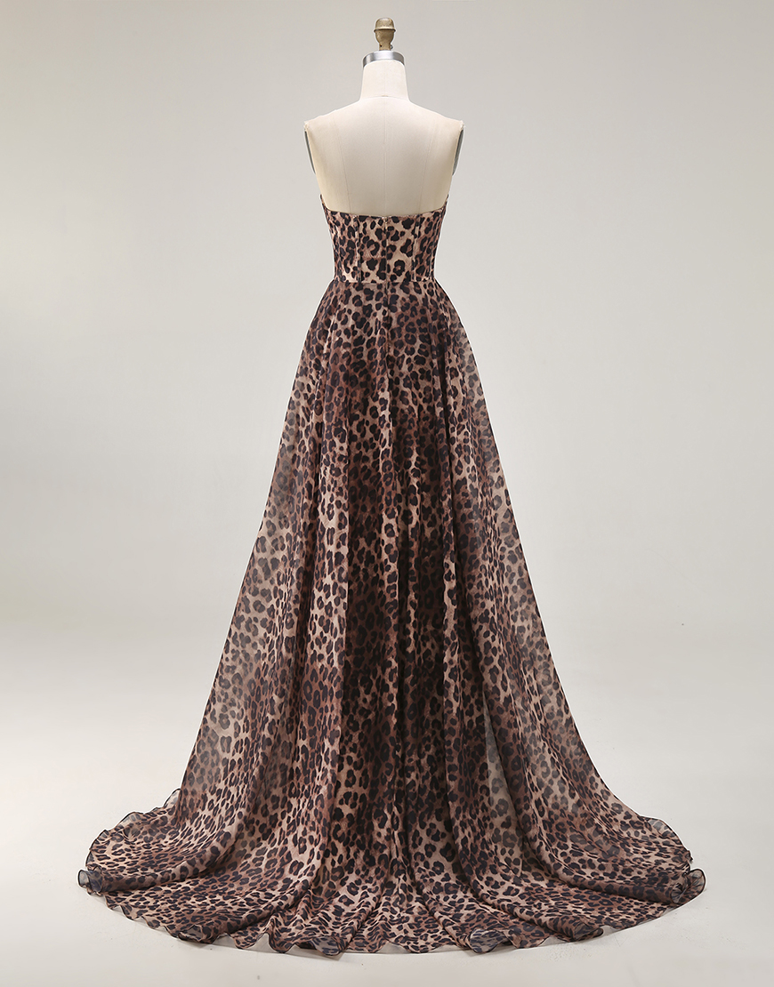 Brown Leopard Corset Print Strapless A Line Long Prom Dress