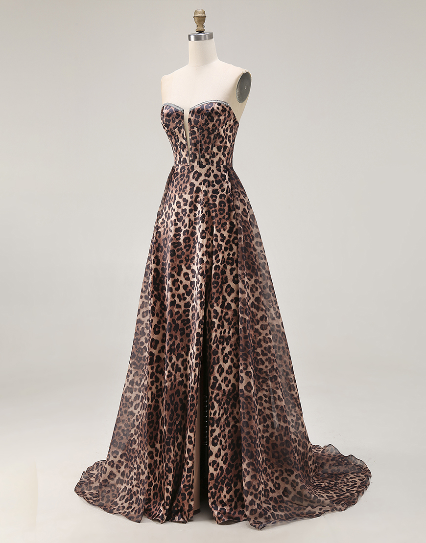Brown Leopard Corset Print Strapless A Line Long Prom Dress