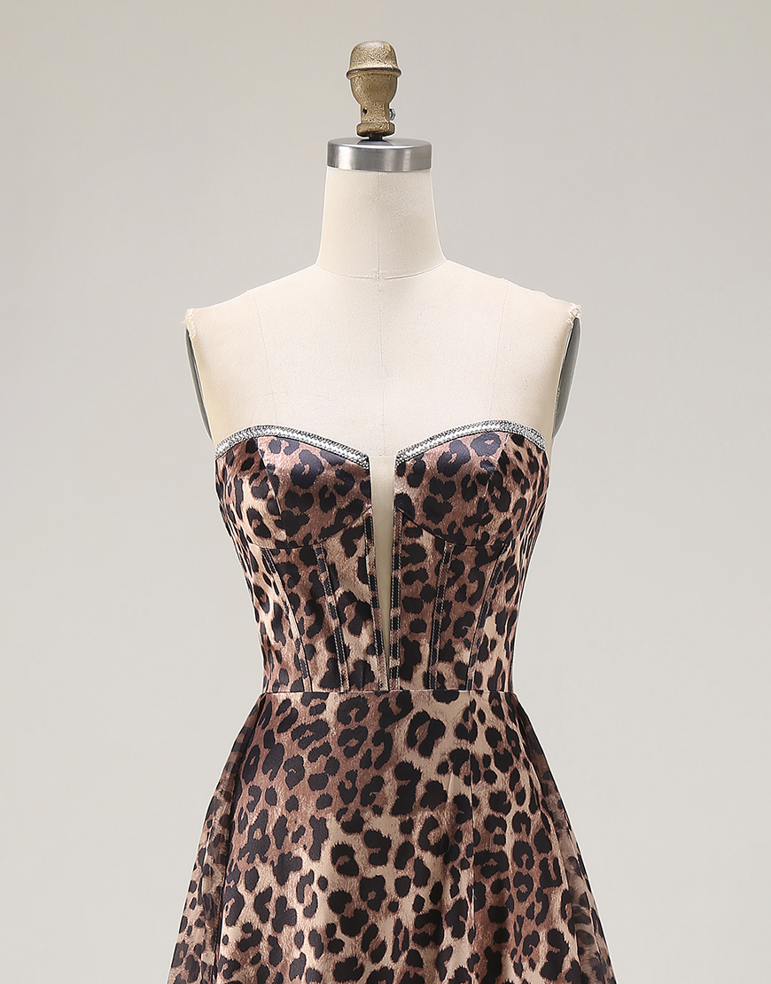 Brown Leopard Corset Print Strapless A Line Long Prom Dress