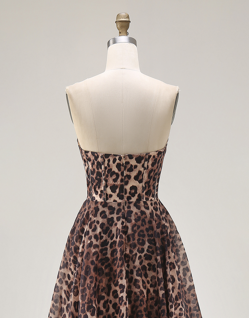 Brown Leopard Corset Print Strapless A Line Long Prom Dress