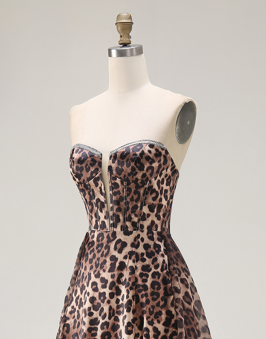 Brown Leopard Corset Print Strapless A Line Long Prom Dress