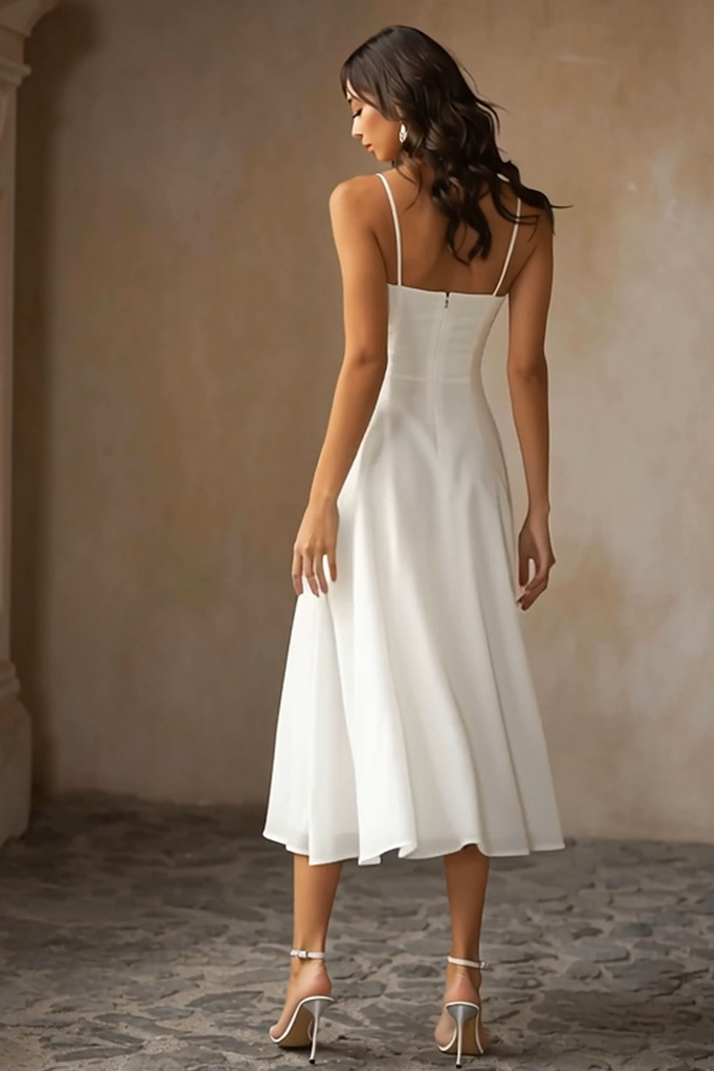 White Chiffon A Line Spaghetti Straps Midi Graduation Dress