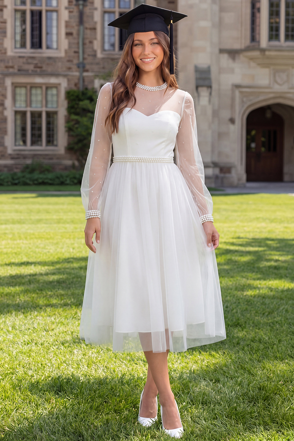 Sparkly White Tulle A Line Midi Graduation Dress with Beading