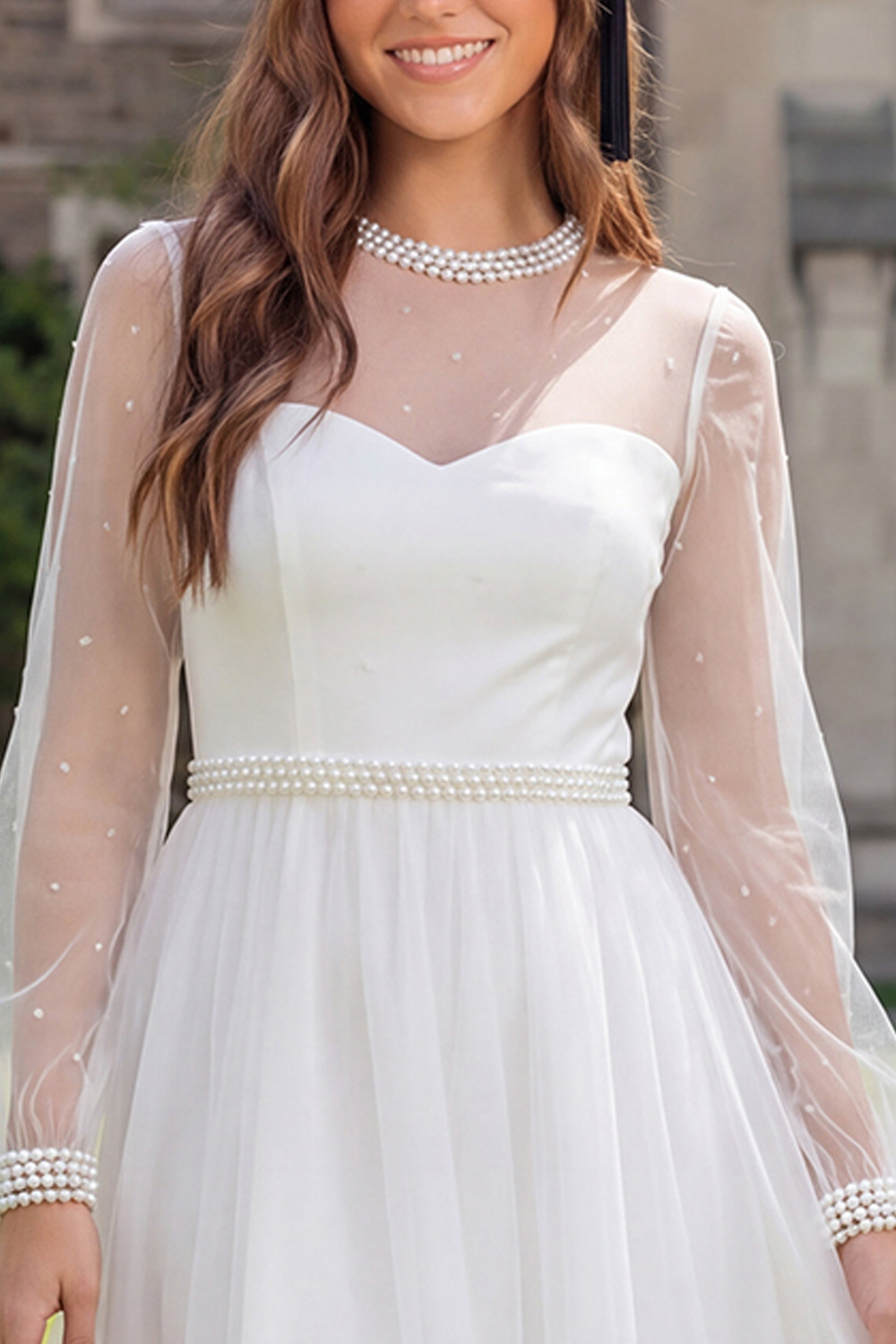 Sparkly White Tulle A Line Midi Graduation Dress with Beading