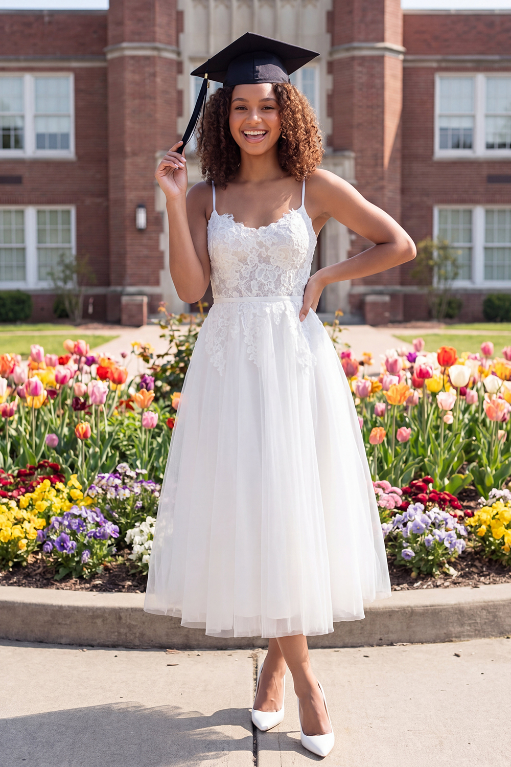 White Spaghetti Straps A Line Midi Graduation Dress with Lace