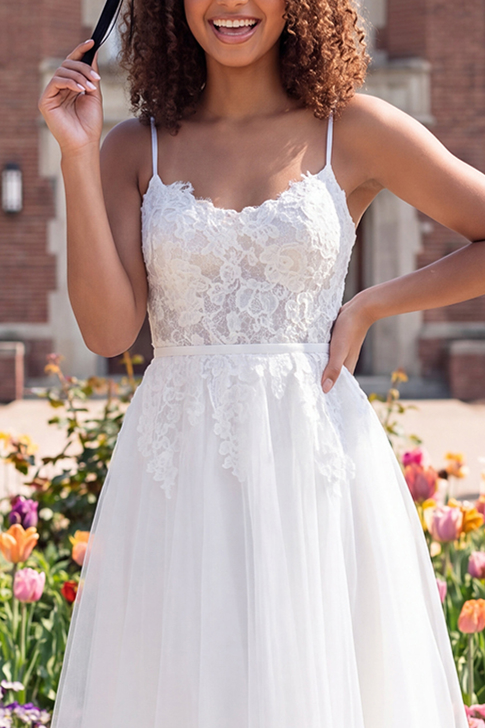 White Spaghetti Straps A Line Midi Graduation Dress with Lace
