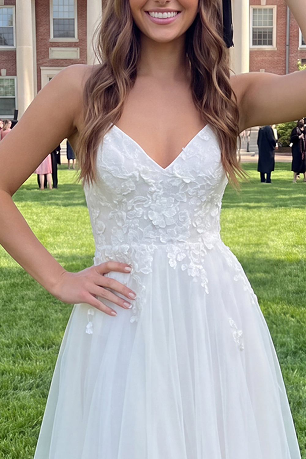 White Spaghetti Straps Tulle Midi Graduation Dress with Lace