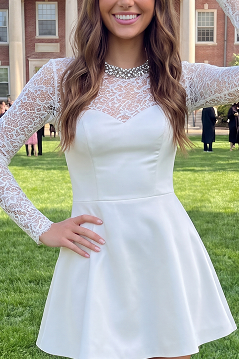Sparkly White A Line Short Satin Graduation Dress with Lace