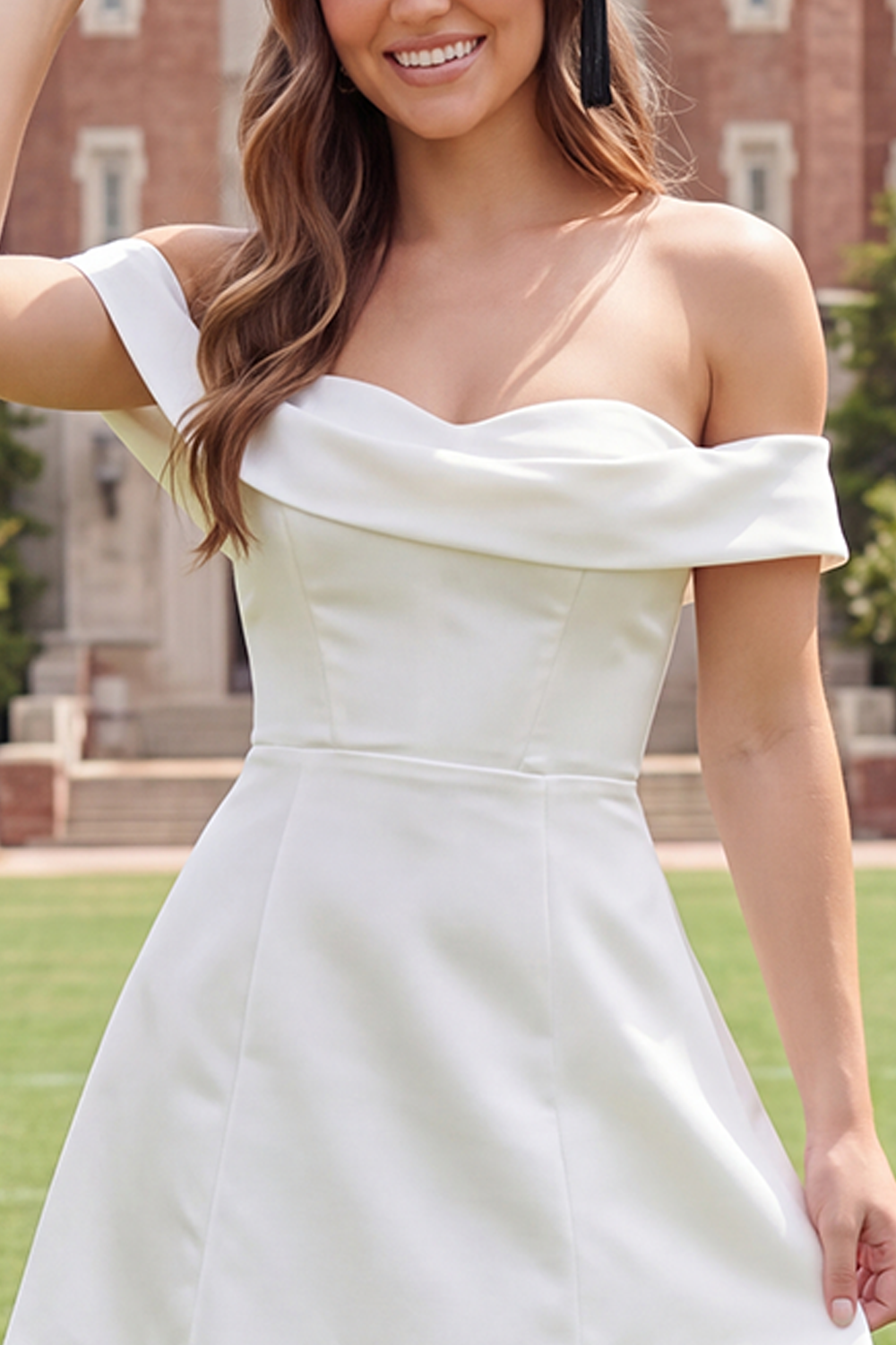 White Short A Line Off the Shoulder Satin Graduation Dress