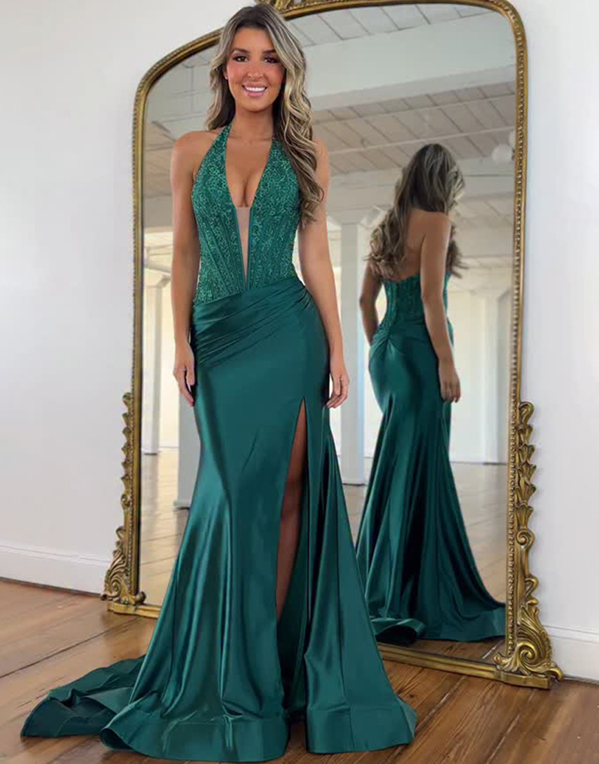Sparkly Dark Green Mermaid Corset Long Prom Dress with Slit