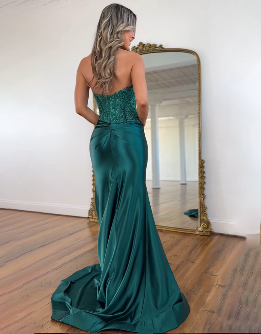 Sparkly Dark Green Mermaid Corset Long Prom Dress with Slit