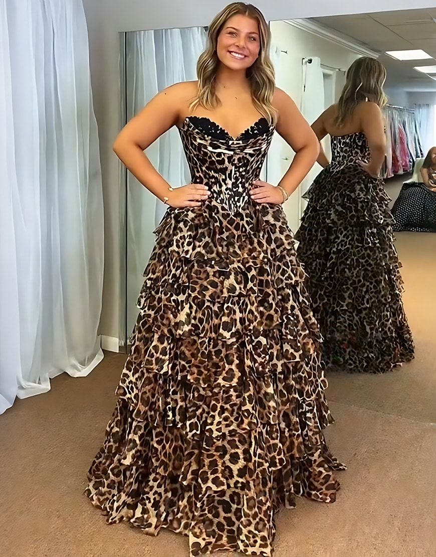 Brown Leopard Corset Sweetheart Long Ruffled Prom Dress with Slit