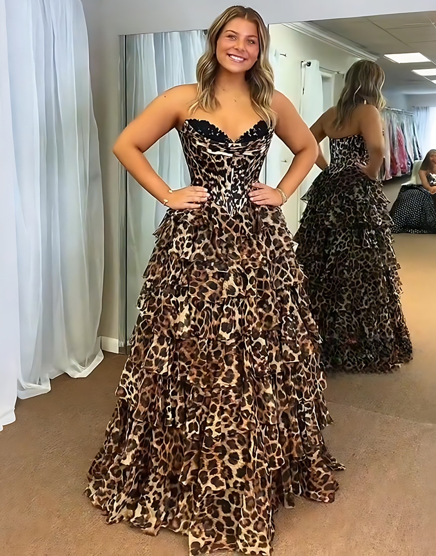Brown Leopard Corset Sweetheart Long Ruffled Prom Dress with Slit