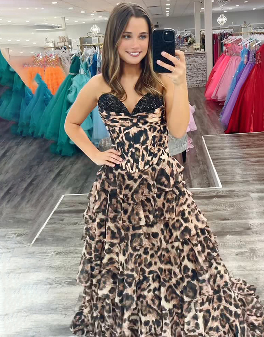 Sparkly Brown Leopard Sweetheart Corset Long Beaded Prom Dress with Ruffles