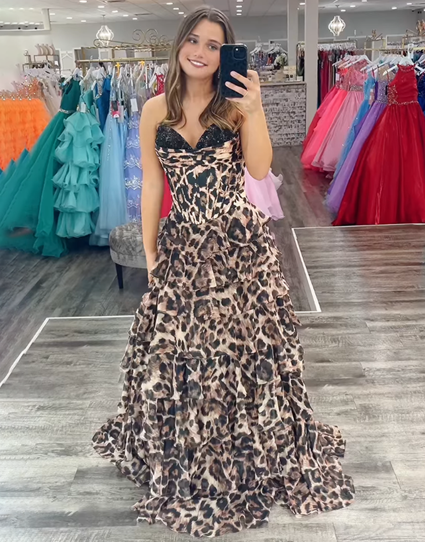 Sparkly Brown Leopard Sweetheart Corset Long Beaded Prom Dress with Ruffles