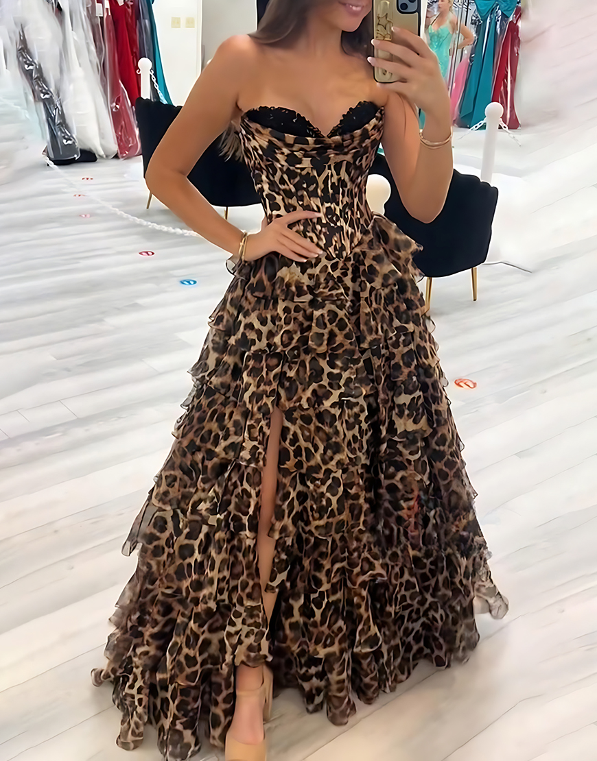 Berlinnova Women Brown Leopard Corset Ruffled Long Prom Dress with Lace Tiered Sweetheart A Line Pageant Dress with Slit