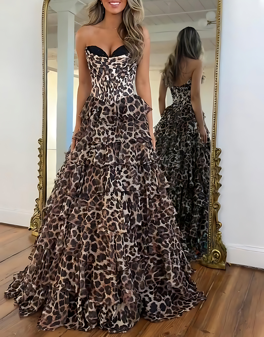Brown Leopard Corset Sweetheart Long Ruffled Prom Dress with Slit