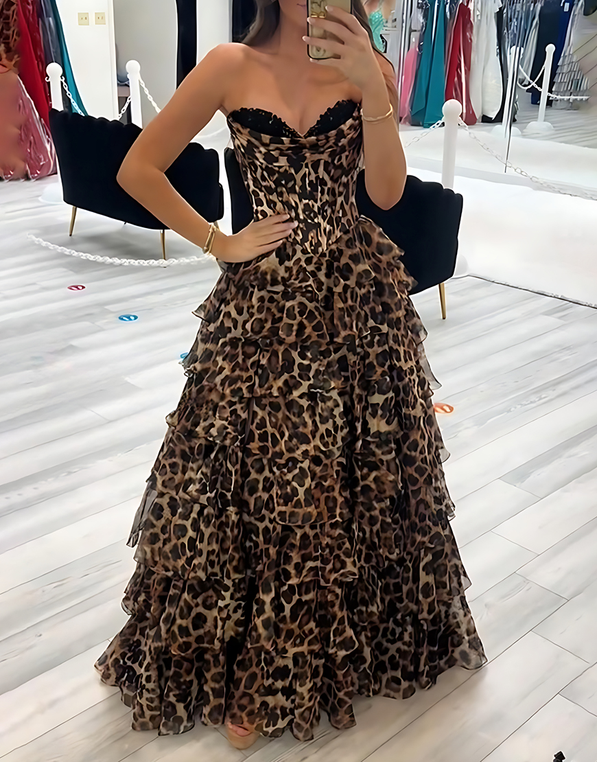 Brown Leopard Corset Sweetheart Long Ruffled Prom Dress