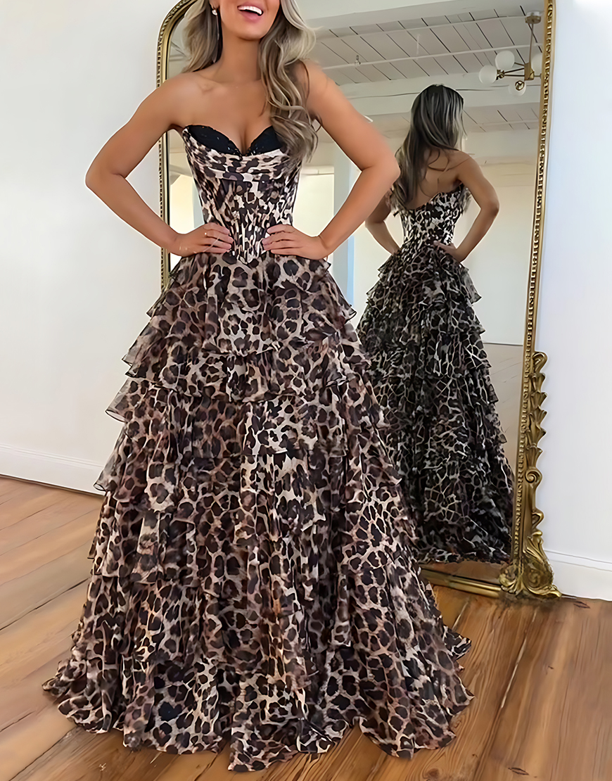 Brown Leopard Corset Sweetheart Long Ruffled Prom Dress with Slit