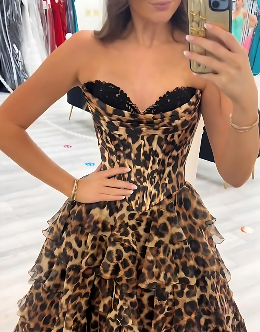 Brown Leopard Corset Sweetheart Long Ruffled Prom Dress