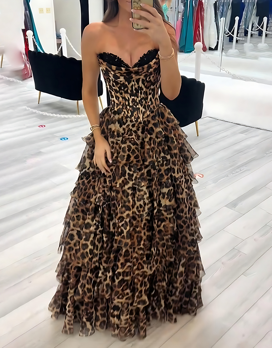Brown Leopard Corset Sweetheart Long Ruffled Prom Dress