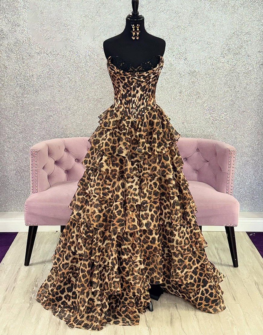 Brown Leopard Corset Sweetheart Long Ruffled Prom Dress with Slit