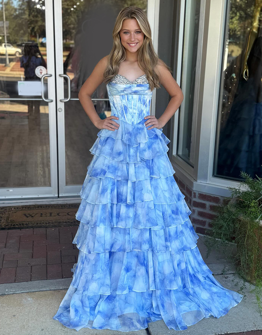 Berlinnova Women Sparkly Blue Floral Corset Long Prom Dress A-Line Beaded Tiered Ruffled Sweetheart Pageant Dress
