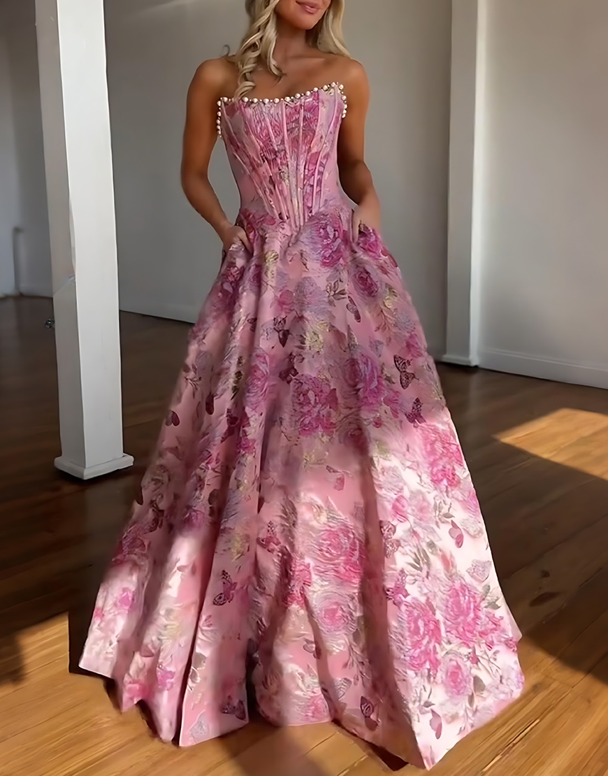 Sparkly Grey Blue Flower Strapless Long Corset Prom Dress with Beading