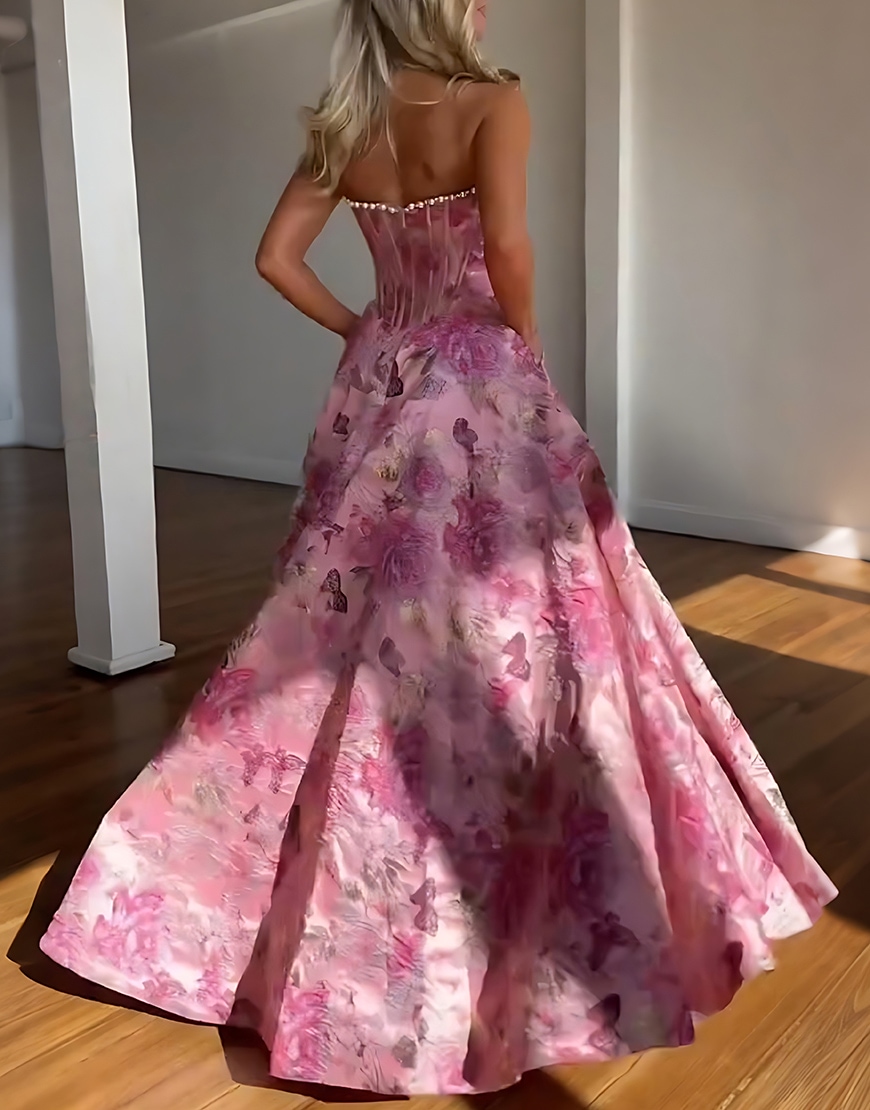 Sparkly Grey Blue Flower Strapless Long Corset Prom Dress with Beading