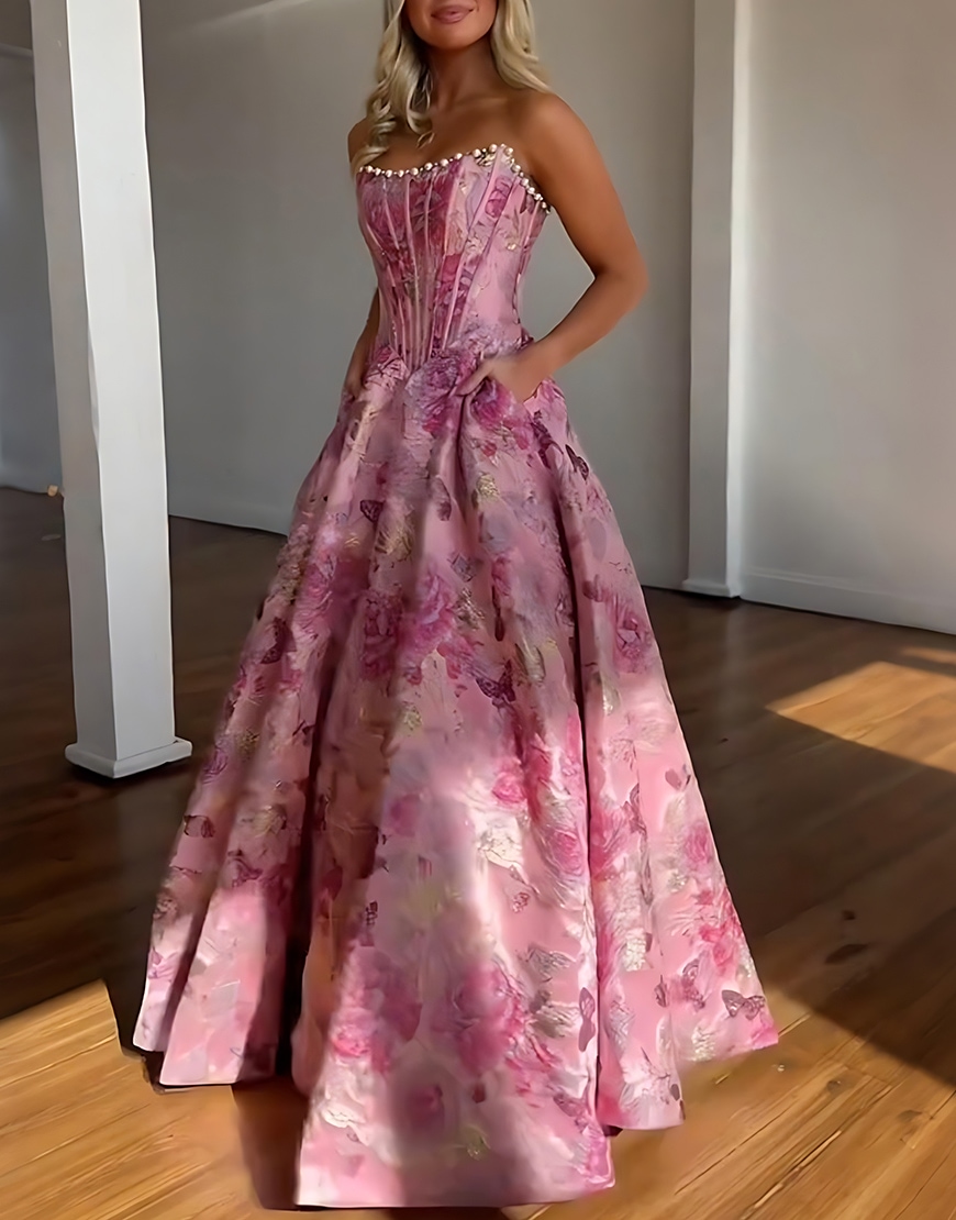 Sparkly Grey Blue Flower Strapless Long Corset Prom Dress with Beading