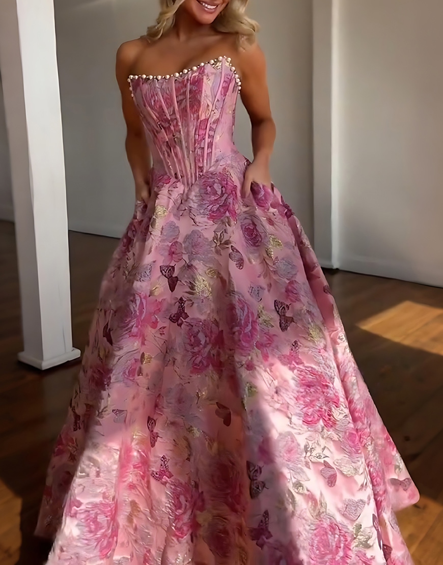 Sparkly Grey Blue Flower Strapless Long Corset Prom Dress with Beading