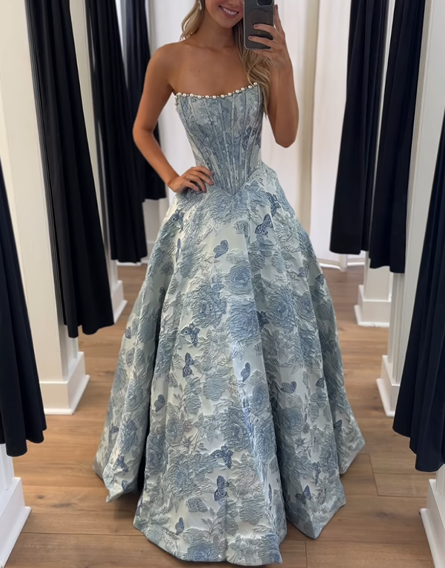Sparkly Grey Blue Flower Strapless Long Corset Prom Dress with Beading