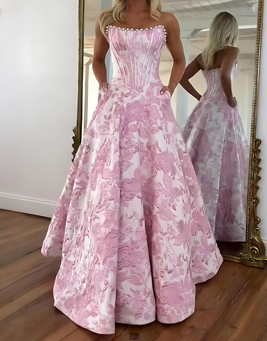 Sparkly Grey Blue Flower Strapless Long Corset Prom Dress with Beading