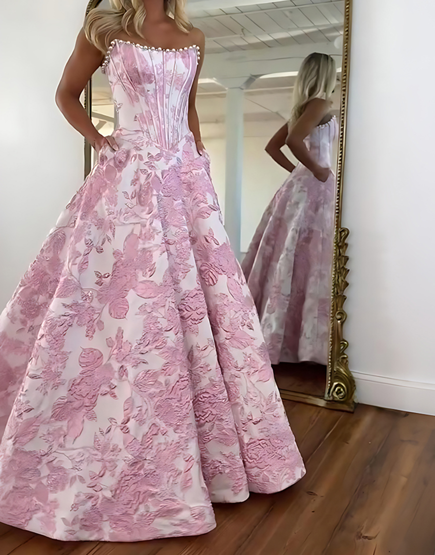 Sparkly Grey Blue Flower Strapless Long Corset Prom Dress with Beading