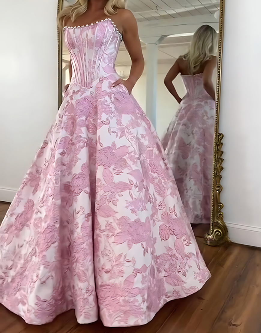 Sparkly Grey Blue Flower Strapless Long Corset Prom Dress with Beading