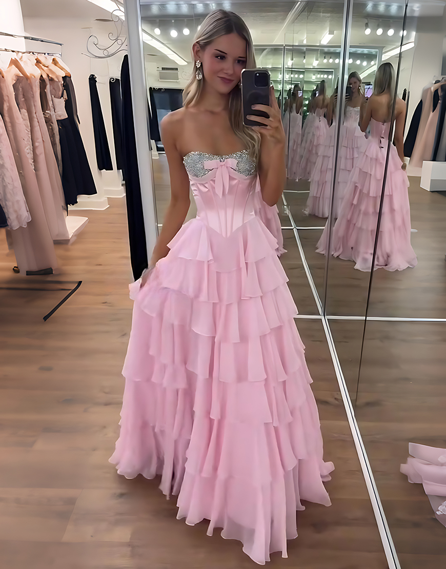 Sparkly Mint Corset Ruffled Long Sequins Tiered Prom Dress with Slit