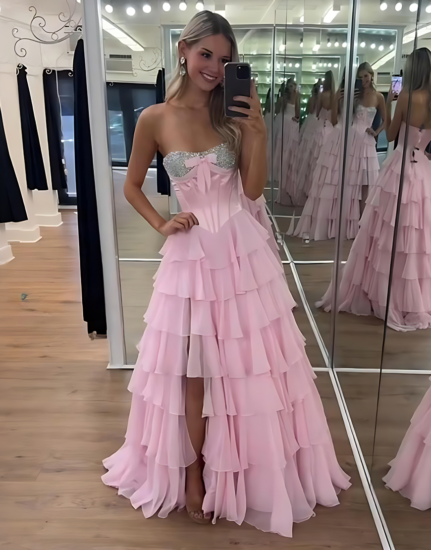 Sparkly Mint Corset Ruffled Long Sequins Tiered Prom Dress with Slit