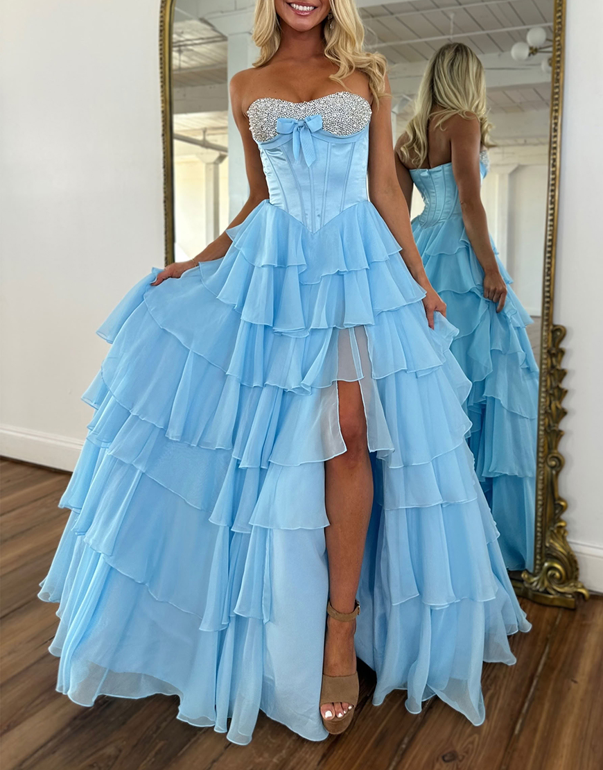 Sparkly Blue Corset Strapless Tiered Long Beaded Prom Dress with Bow