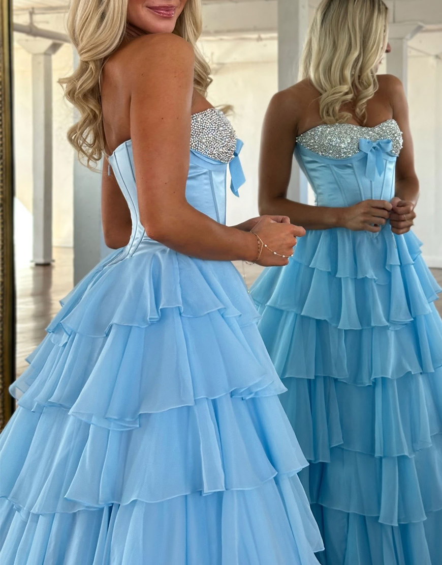 Sparkly Mint Corset Ruffled Long Sequins Tiered Prom Dress with Slit