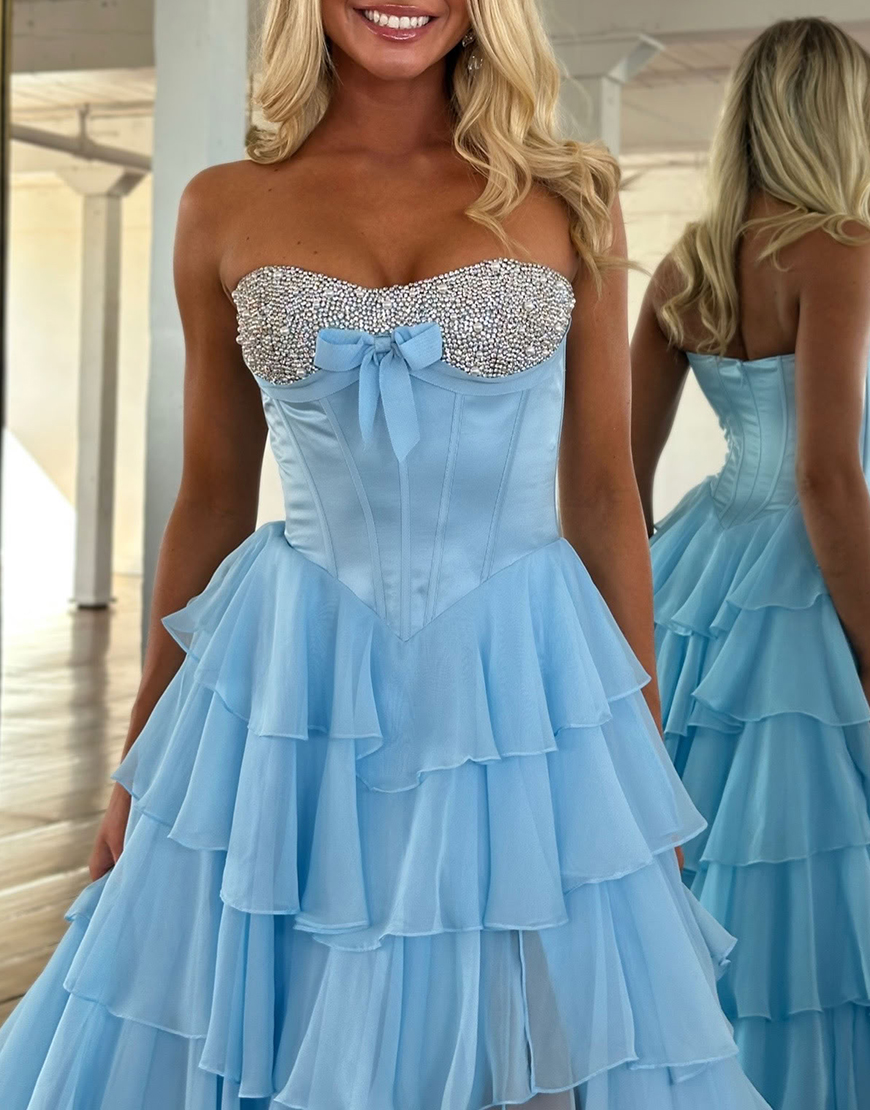 Sparkly Mint Corset Ruffled Long Sequins Tiered Prom Dress with Slit