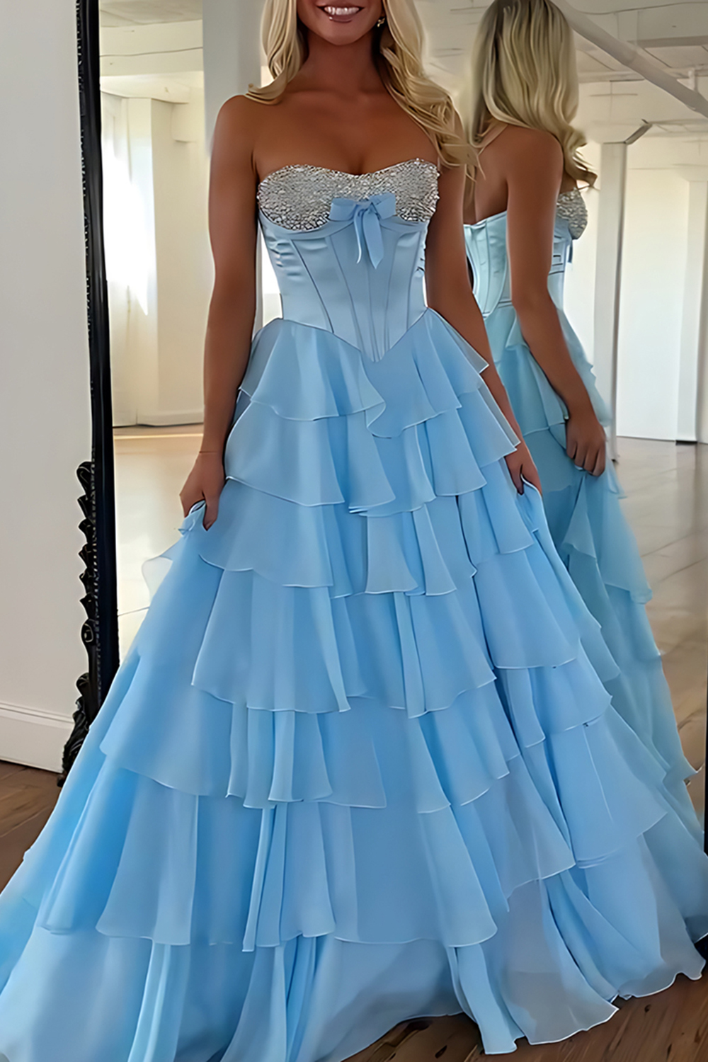 Sparkly Mint Corset Ruffled Long Sequins Tiered Prom Dress with Slit