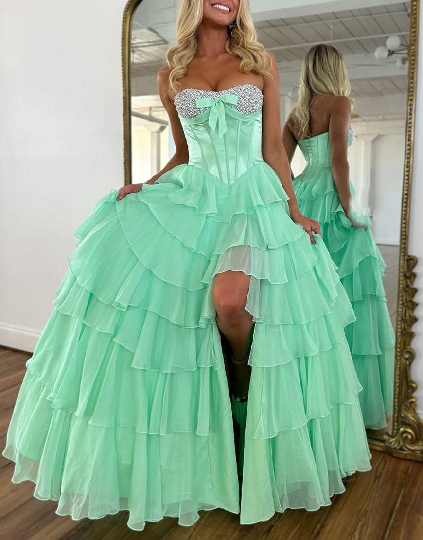 Sparkly Mint Corset Ruffled Long Sequins Tiered Prom Dress with Slit