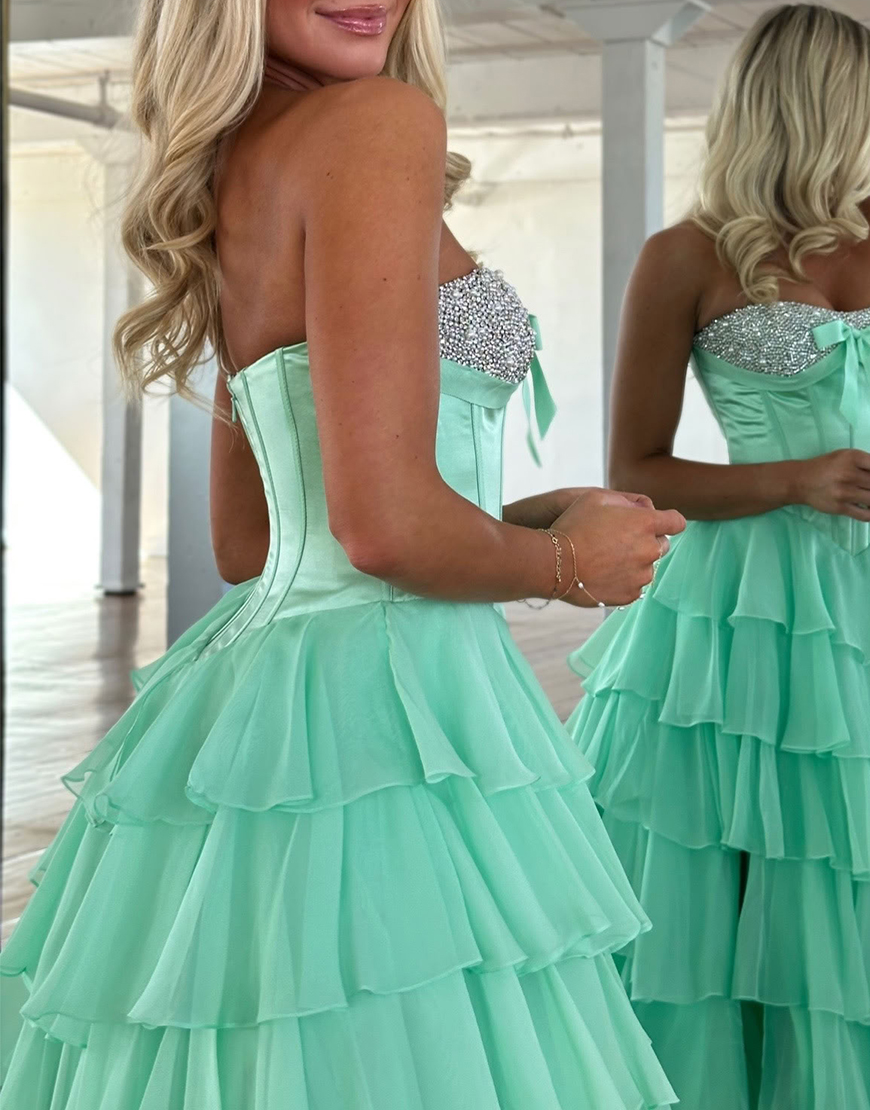 Sparkly Mint Corset Ruffled Long Sequins Tiered Prom Dress with Slit