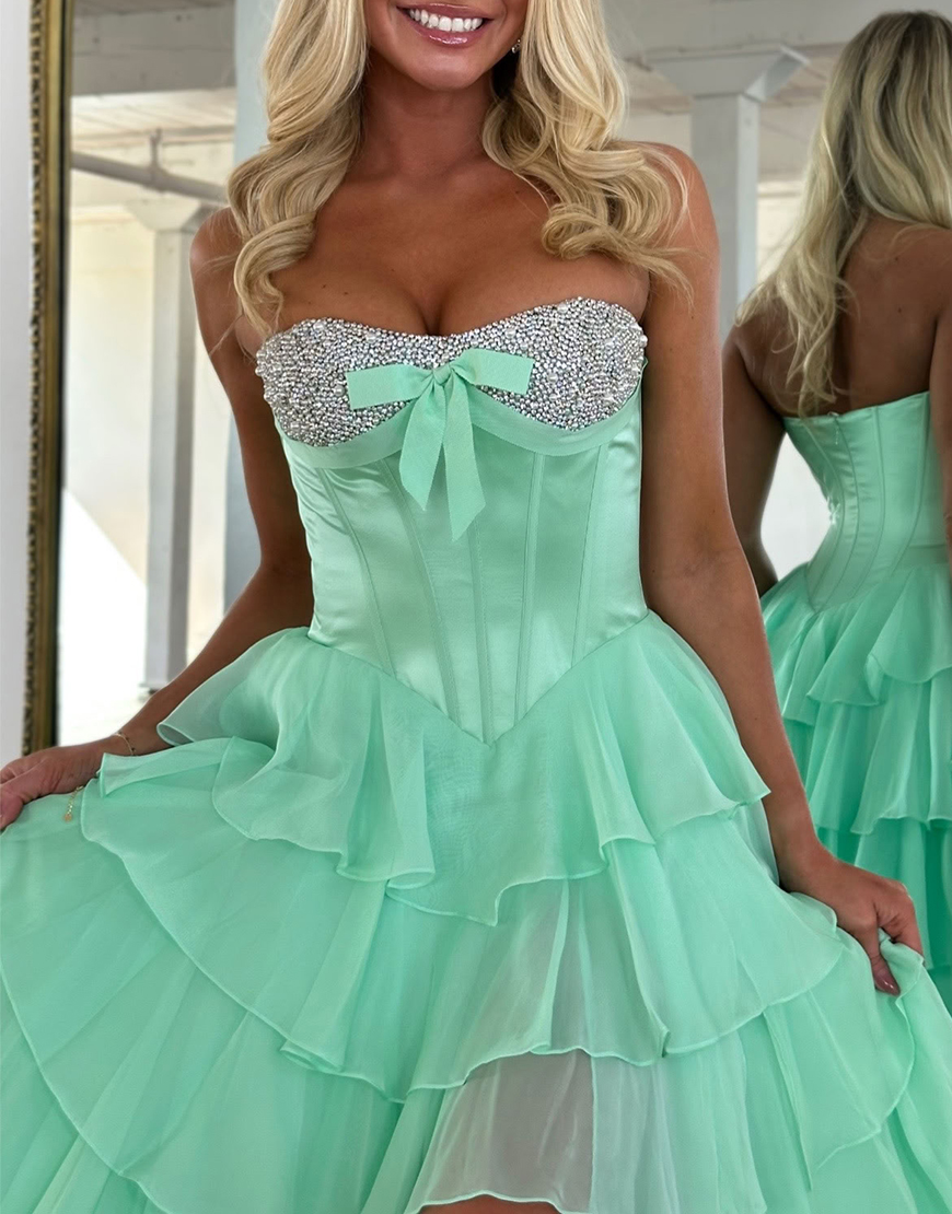 Sparkly Mint Corset Ruffled Long Sequins Tiered Prom Dress with Slit