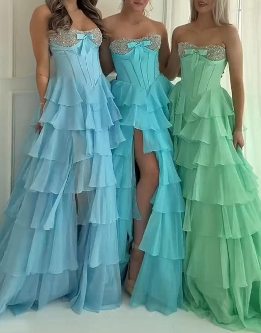 Sparkly Mint Corset Ruffled Long Sequins Tiered Prom Dress with Slit