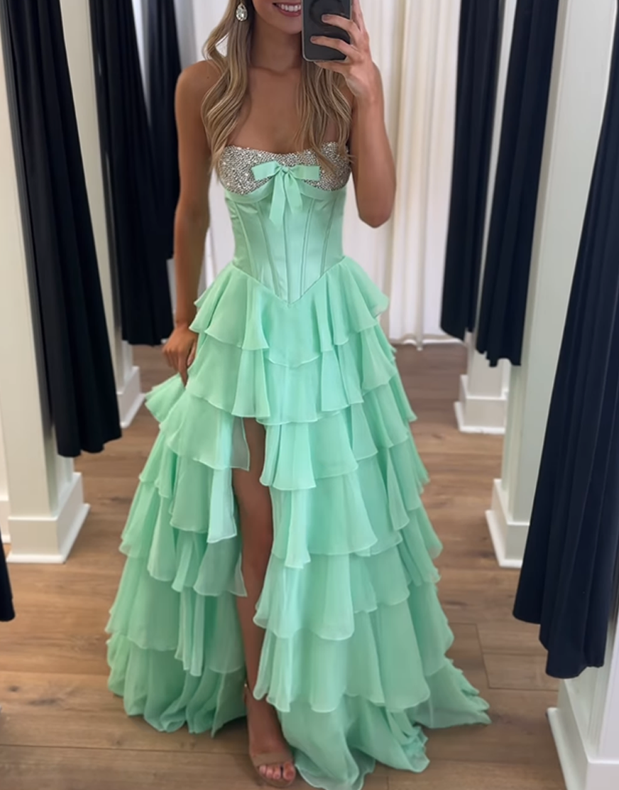Sparkly Mint Corset Ruffled Long Sequins Tiered Prom Dress with Slit