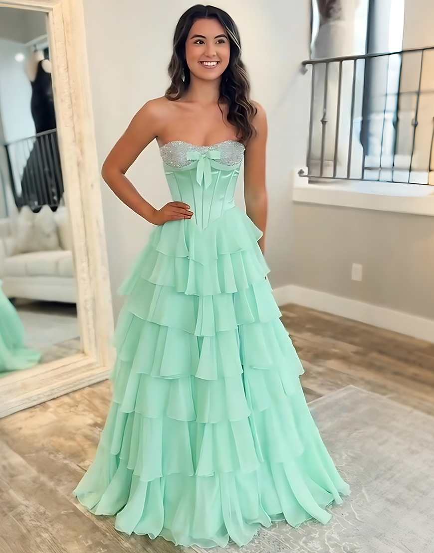 Sparkly Mint Corset Ruffled Long Sequins Tiered Prom Dress with Slit